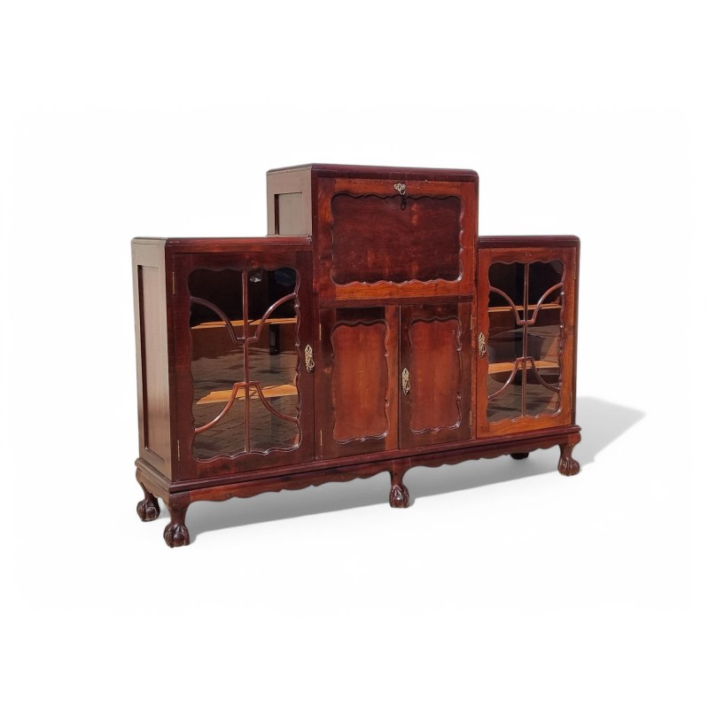 Mid-Century Imbuia Ball and Claw Display Cabinet with Writing Bureau