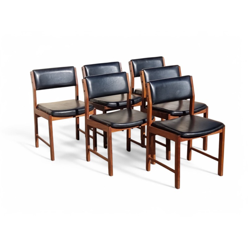 Set of 6 Mid-Century Kiaat Dining Chairs with Original Black Vinyl Upholstery