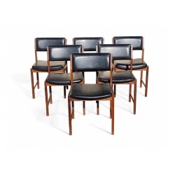 Set of 6 Mid-Century Kiaat Dining Chairs with Original Black Vinyl Upholstery
