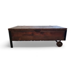 Rustic Solid Wood Coffee Table with Storage and Metal Castor Wheels