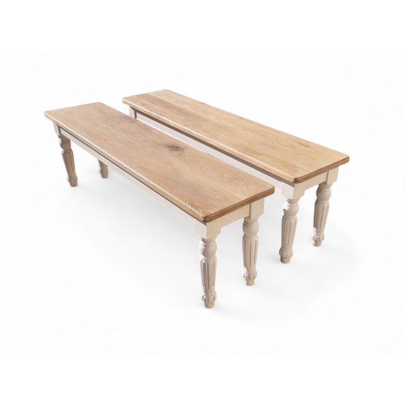 Set of 2 Cloud White Benches with Turned Legs & French Oak Tops