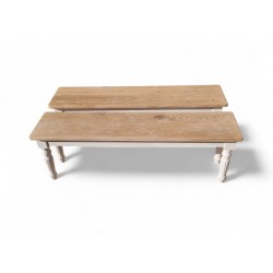 Set of 2 Cloud White Benches with Turned Legs & French Oak Tops
