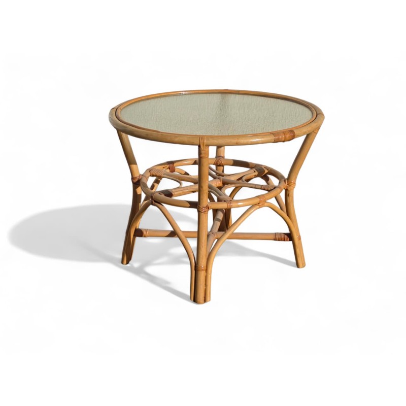 Vintage Mid-Century Round Rattan High Side Table with Glasstop | FurniCape