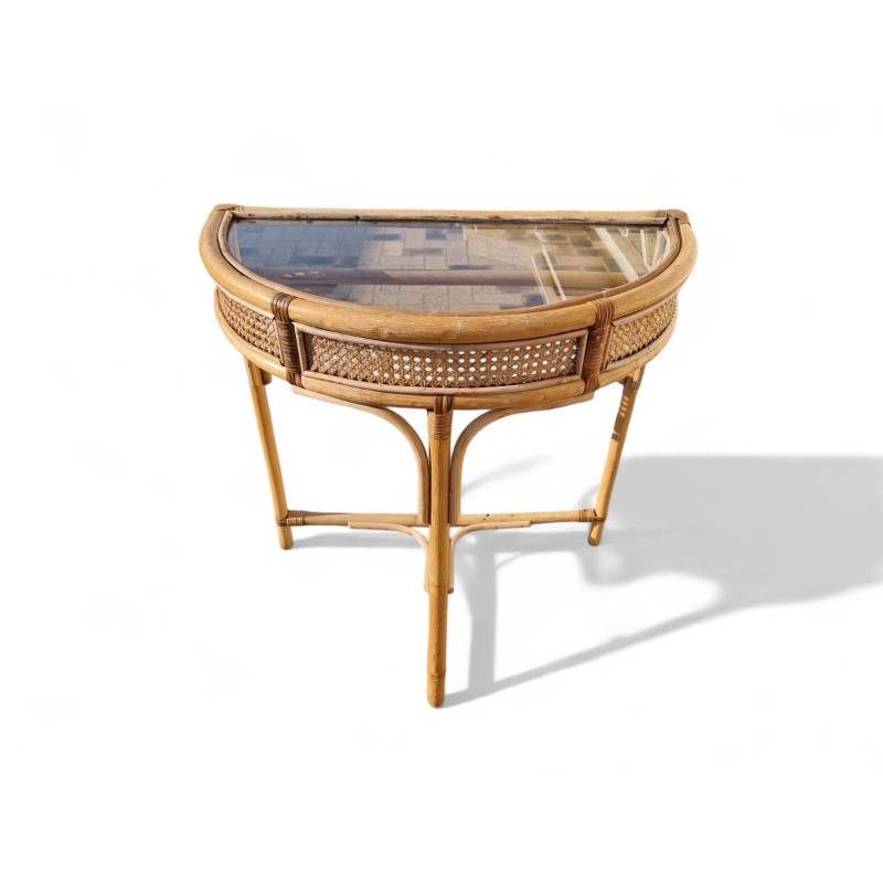 Mid Century Modern Cane Half-Moon Table with Glass Top | FurniCape