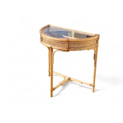 Mid Century Modern Cane Half-Moon Table with Glass Top | FurniCape