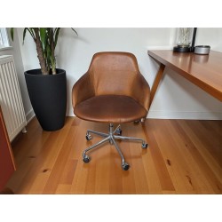 Tan Leather Study Chair with Chrome Metal Base on Wheels | FurniCape
