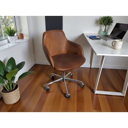 Tan Leather Study Chair with Chrome Metal Base on Wheels | FurniCape