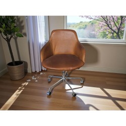 Tan Leather Study Chair with Chrome Metal Base on Wheels | FurniCape