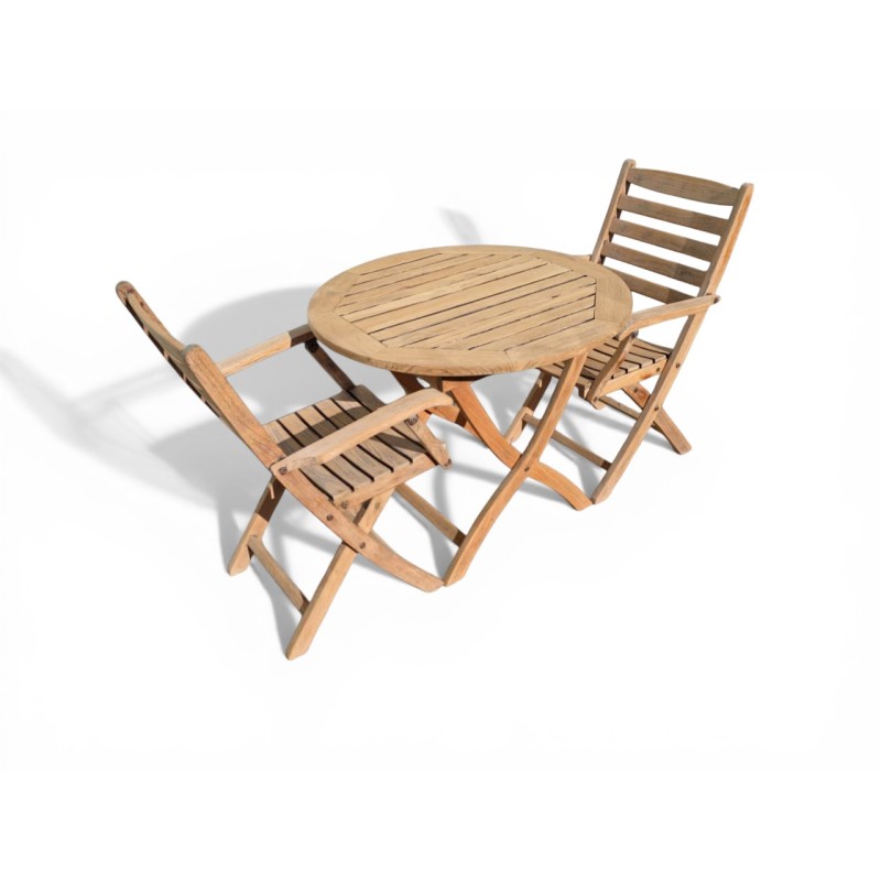 Round Foldable Teak Patio Table with Two Chairs | FurniCape