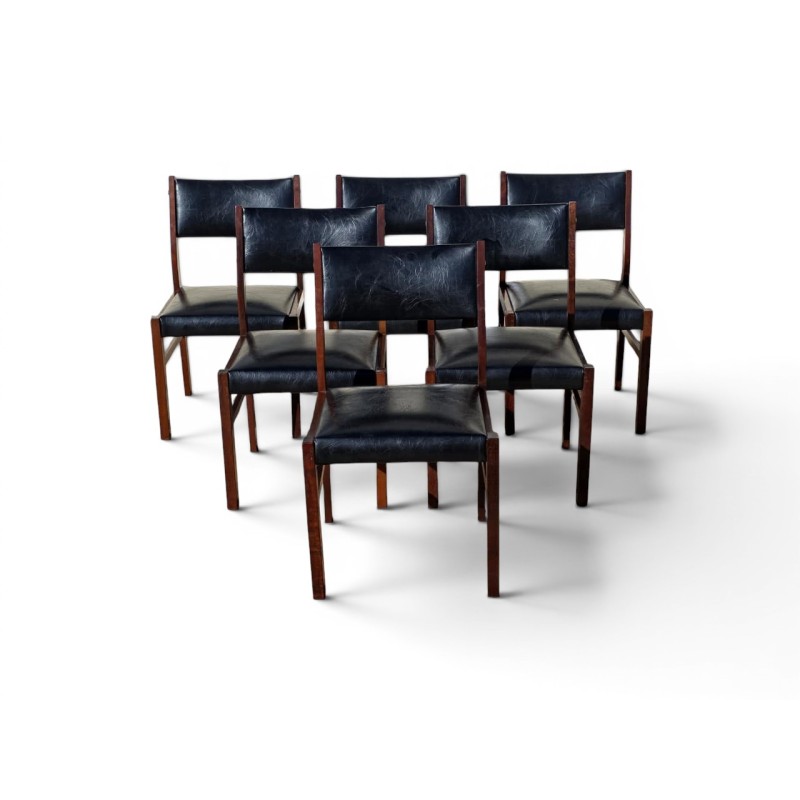 Set of Six Mid-Century Dining Chairs with Black Vinyl Upholstery | FurniCape
