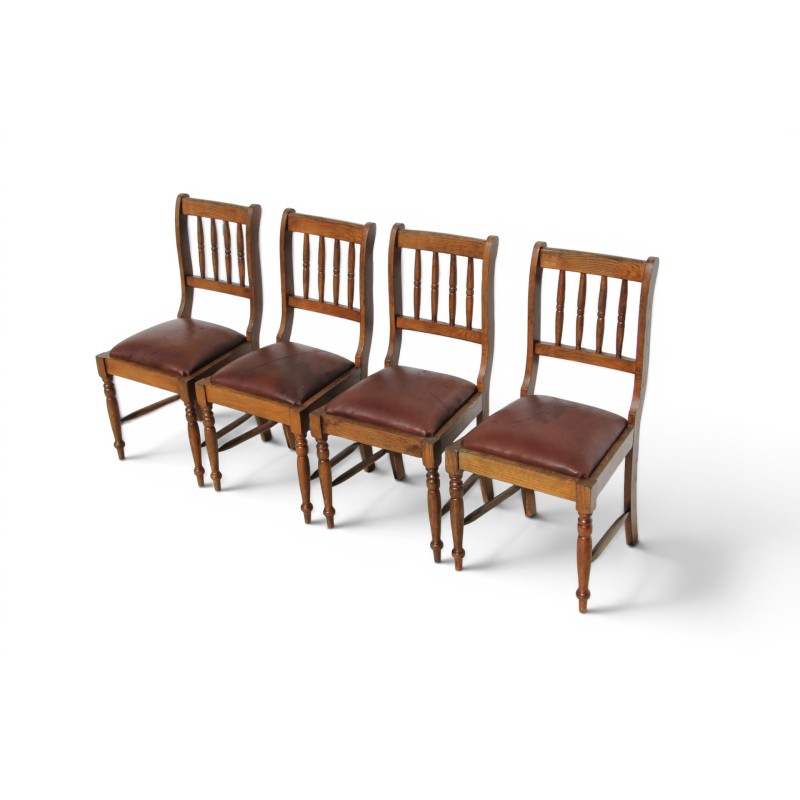 Set of 4 Solid Oak Spindle Back Dining Chairs with Kudu Leather Seats | FurniCape