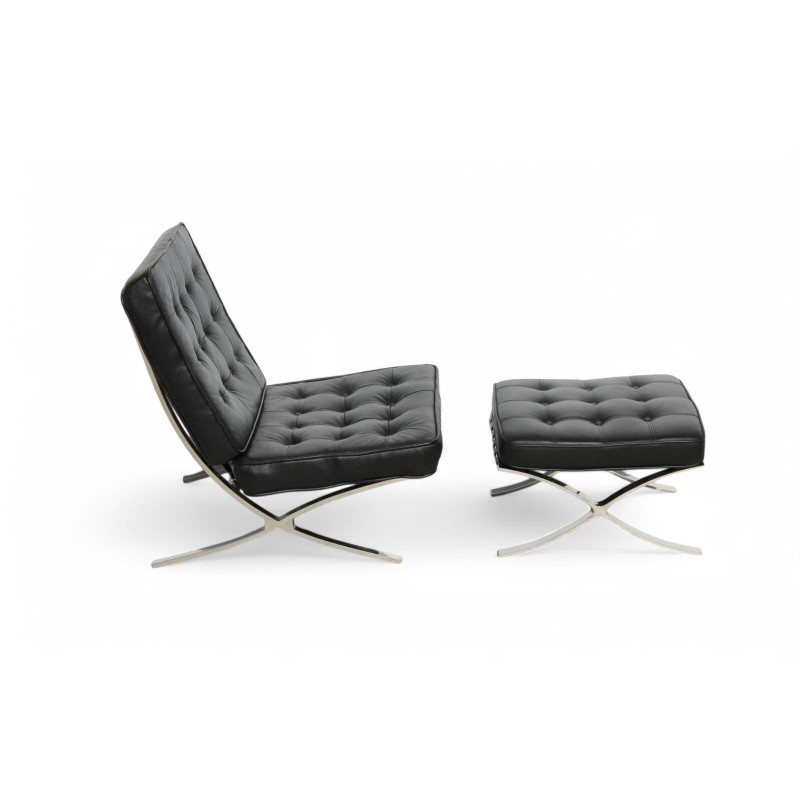 Barcelona Black Leather & Chrome Replica Chair with Ottoman | FurniCape