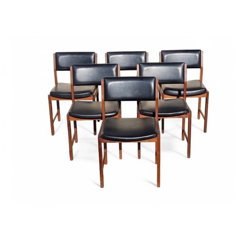 Set of 6 Mid-Century Kiaat Dining Chairs with Original Black Vinyl Upholstery | FurniCape